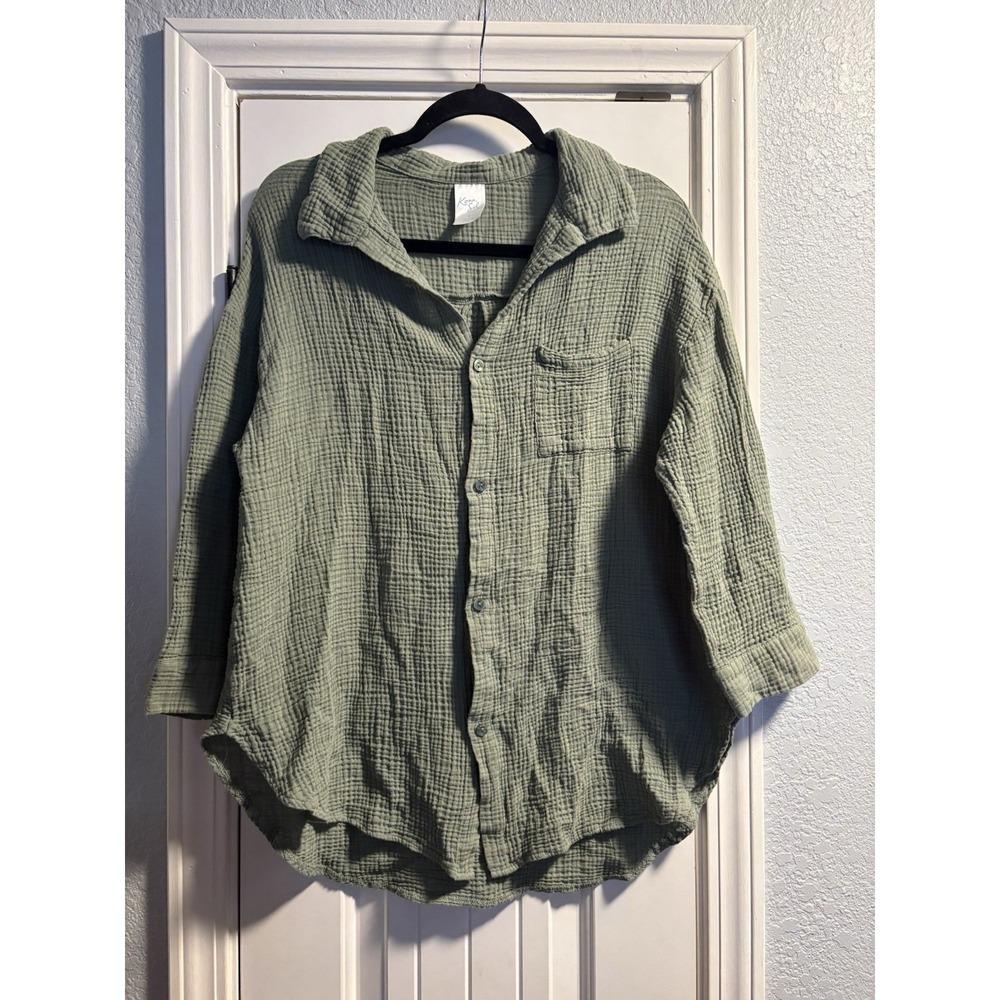 Kona Sol Shirt Womens Medium Green Gauze Cotton Button Front Swim Coverup Beach